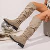 Botas Largas de Ante Estilo Europeo y Americano Caídas 2025 Invierno Nuevas Transfronterizas Talla Grande Felpa Tacón Bajo Hasta la Rodilla para Mujer