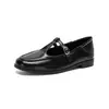 Wei Wei Girl 1257-1 Zapatos Pequeños de Cuero Redondos Retro Tacón Grueso Tira en T Planos Mocasines para Mujeres Trabajadoras de Oficina