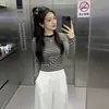 Top de mujer a rayas retro color block de manga larga, cuello redondo, corte ajustado, moderno otoño nuevo estilo coreano, adelgazante y versátil camiseta básica