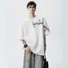 Camiseta de Manga Corta con Estampado de Letras de Peso Pesado para Hombre, Marca de Verano de Moda, Top Casual Holgado, Versátil de Calle, Manga de Cinco Cuartos Deportiva