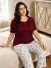 Ropa de casa transfronteriza europea y americana más vendida, conjunto de pantalón largo de manga corta con cuello redondo y estampado floral talla grande, se puede usar afuera como pijama tipo suéter