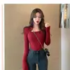 Top de capa base negro para mujer, ropa interior, suéter de cuello cuadrado, manga larga, sexy, corte ajustado, estilo francés, que deja ver la clavícula, top de punto, otoño, suave y liso