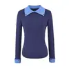 Top de capa base con solapa de color block estilo universitario para mujer, para ir al trabajo en otoño e invierno, suéter de punto adelgazante para llevar debajo, suéter versátil de alta gama