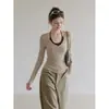 Camiseta de manga larga con cuello en V estilo coreano de Forever21 para mujer, colección de otoño, corte ajustado, con detalle de amarre, cuello halter y copas incorporadas, se vende como conjunto de dos piezas