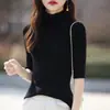 Estilo Novo de Primavera Algodão Puro Gola Meia-Alta Manga Três Quartos Suéter Básico de Tricô Cor Sólida Versátil Estilo Coreano Top Canelado Roupa Feminina