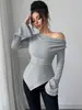 Ropa de mujer transfronteriza europea y americana Otoño/Invierno 2026: Top de punto acanalado de manga larga con diseño de hombros descubiertos, corte ajustado, popular para ropa de trabajo