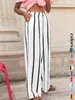 Pantalones de pierna ancha con estampado de rayas para mujer, estilo europeo y americano, con bolsillos laterales, pantalones largos casuales y cómodos, versátiles para todas las estaciones