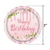 Decoración de Fiesta de Cumpleaños Infantil Temática de Flores Rosas de Dibujos Animados Transfronteriza - Set de Vajilla y Platos de Papel