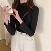 Blusa feminina de outono e inverno de alta qualidade, com stretch, manga longa, estilo descontraído, com barra franzida e textura macia e felpuda