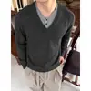 Suéter de duas peças na cor marrom melado com decote V para homens, outono e inverno, tricô macio e confortável, camada interna casual