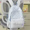 Mochila de Ombro Duplo com Renda nas Bordas, Patchwork Xadrez Azul e Branco Estilo Sal Marinho, Mochila Pequena Doce para Viagem para Meninas do Ensino Fundamental e Médio