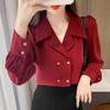 2024 Nueva Camisa Roja para mujer primavera elegante doble botonadura manga abullonada camisa profesional top estilo retro Hong Kong