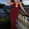 Vestido de malla con retazos para adelgazar la cintura, nuevo estilo de comercio exterior europeo y americano, vestido largo sexy versátil francés de hombros descubiertos para mujer