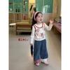 Ropa Infantil Hermana Pequeña Otoño Nuevo Estilo Versión Coreana Niñas Dibujos Animados Graffiti Falso Dos Piezas Camiseta Jeans Rectos de Cuadros