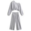 Otoño Ins Estilo Americano Gris Manga Larga Hombro Caído Top Corto Pantalones de Pierna Ancha Pantalones de Chándal Traje de Dos Piezas