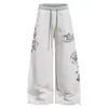 Calça Casual Feminina Retro Americana com Estampa de Letras e Cós Contrastante, Modelagem Solta Emagrecedora, para Dança Jazz, Dança de Rua, Perna Larga, Longa