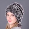 Cálido Gorro Grueso con Protección para las Orejas de Piel de Conejo Rex Tres Pompones Otoño e Invierno Gorro Redondo Tejido Sombrero de Lana para Mujer