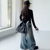 Conjunto de jeans moderno e estiloso para dança jazz de meninas, roupa de outono para crianças mais velhas, calça de perna larga desfiada com estampa de letras americanas de manga longa