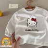 Camiseta de manga larga de algodón puro para niña, top redondo de dibujos animados Hello Kitty elegante para primavera y otoño, camiseta básica fina de moda