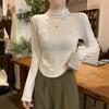 2025 Outono e Inverno Novo Slim-fit Curto Lixamento Espinha de Peixe Estudante Top Moda Veludo Meia-alta Gola Interna Camisa para Mulheres