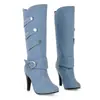 Desejo AliExpress Comércio Exterior Tamanho Grande Botas Femininas Jeans Macarrão Botas Médias Fivela de Cinto Salto Fino Salto Alto Tamanho Grande Botas Femininas