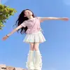 Conjunto Dopamina para Crianças Grandes Meninas Verão Nova Moda Falso Duas Peças Cordão Manga Curta Renda Saia Conjunto de Duas Peças