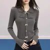 Top interior de punto estilo Chanel para mujer, cuello polo, manga larga, conjunto de dos piezas, 2026, top base de corbata de lazo, otoño e invierno, algodón gris