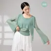 Top de baile holgado para mujer con cuello redondo, panel frontal de malla y diseño fluido, adecuado para la práctica de danza clásica china para adultos.