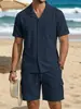 Trajes casuales de algodón y lino para hombre de Primavera y Otoño Transfronterizos Amazon Camisas Holgadas de Solapa Conjuntos de Pantalones Cortos de Manga Corta Venta al por Mayor