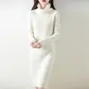 Nuevo vestido de punto para mujer, 100% lana, vestido suéter ajustado, falda larga a rayas, hasta la rodilla, cuello alto, vestido base para mujer