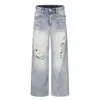 Jeans Masculino Ripped Distressed Estilo Retro Americano Punk Lavado Solto Perna Reta Calça Longa Estilo Mendigo Tendência de Rua