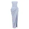 Em estoque Vestido de verão feminino com toque de luxo leve e alta qualidade, design vintage tomara-que-caia com franzidos na cintura e abdômen, vestido longo com fenda alta