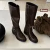 Botas Femininas Longas 2026 Outono/Inverno Novo Estilo Fivela Acima do Joelho Bico Redondo Salto Médio Cano Alto Botas de Equitação Botas Longas