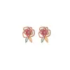Yiluyin Plata de Ley S925 Chapado en Oro Rosa Turmalina Multicolor Flor de Rosa Pendientes Pequeños Rosas Pendientes Elegantes para el Trabajo