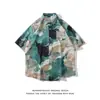 Camisa Floral de Manga Corta Casual Artística Ins Tendencia Perezosa Nicho Flores Pintura al Óleo Verde Retro Hawaiana para Hombre