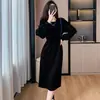 2026 Transfronterizo Negro Estilo Hepburn Chic Diseño Color de Contraste Volante Vestido Sudadera, Cintura Ceñida Adelgazante Vestido Largo