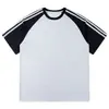 Jianheng Verão Nova Marca da Moda Raglan Manga Curta Masculina Solta Listrada Casal Combinando Juventude Manga Três Quartos Camiseta