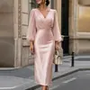 Vestido Envelope Europeu com Decote V, Mangas Bufantes de Renda Transparente, Patchwork de Cetim, Ajuste ao Corpo, Vestido de Noite de Comprimento Médio