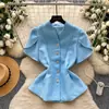Camisa Elegante de Estilo Francés para Mujer, Cuello en V, Manga Corta, con Pedrería, Corte Holgado, de Botones al Frente, Ceñida en la Cintura, Adelgazante, para Ir al Trabajo