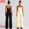 Conjunto de yoga transfronteiriço para mulheres, top esportivo sem mangas com gola halter color block, aparência de duas peças, cós dobrável, conjunto de calças compridas para corrida e fitness