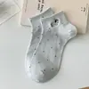Meias Cano Curto Finas Invisíveis Antiderrapantes de Barco para Mulheres, Estilo Japonês Bolinhas Bordadas Cachorrinho Meias Rasas Atacado