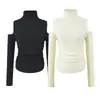 Suéter de Punto con Cuello Alto, Corte Cutout, Hombros Descubiertos para Mujer, Otoño Invierno 2026 Nueva Temporada, Plisado, Ajustado, Muestra Delgada, Capa Base, Suéter Pulóver