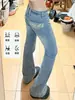 Jeans de pierna acampanada micro de estampado de leopardo azul claro para mujer, otoño, cintura baja, corte ajustado, diseño de alta calle estadounidense, pantalones acampanados