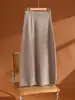 Saia midi de malha 100% lã pura com barra vazada para mulheres, cintura elástica, solta, casual, versátil, saia evasê