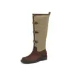 Botas de montaria bicolores com fivela, botas longas de cano alto femininas, novo estilo outono/inverno, couro bovino, bico redondo, salto médio, botas over-the-knee