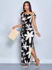 Vestido Largo de Moda Nuevo Europeo y Americano Transfronterizo de Amazon con Estampado Floral, Volante en un Hombro, Diseño que Ceñe la Cintura y Tirantes Ajustables