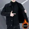 Novo Casaco Masculino de Outono e Inverno, Casaco de Lã Listrado Espesso de Alta Qualidade, Versátil, com Forro de Fleece e Gola Lapela, Jaqueta Casual, Quente