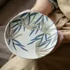 Prato Rasinho Folha de Bambu Estilo Retrô Prato Cerâmico Doméstico Prato Grande Redondo Louça Criativa Prato de Jantar Prato de Sobremesa Japonês Atacado