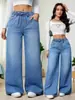 Artículo Popular Transfronterizo Inventario Profundo Tendencia Europea y Americana Sueltos Casuales Cintura Alta Elásticos Pierna Ancha Largo Hasta el Suelo Jeans