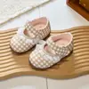 Zapatos dulces de princesa a cuadros con encaje para bebé niña, punta cuadrada, zapatos de muñeca de suela suave, zapatos para niños pequeños
